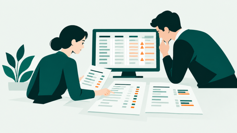 Illustration conceptuelle de deux spécialistes examinant des documents de transaction et un écart signalé par un logiciel.