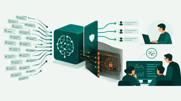 Illustration conceptuelle d’un service d’IA filtrant des requêtes automatisées pour protéger ses informations internes.