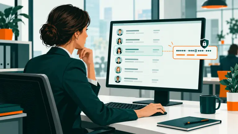 Illustration originale générée d’une professionnelle examinant une liste de contacts d’entreprise, avec un symbole de protection des données.