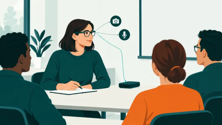 Illustration conceptuelle d’une salle de formation : une personne porte des lunettes et des pictogrammes de caméra et de microphone sont reliés à un appareil par des lignes abstraites.