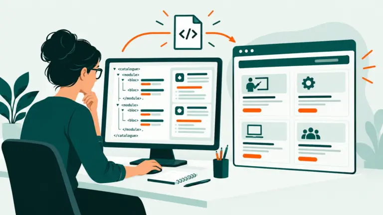 Illustration conceptuelle d’une responsable de catalogue vérifiant un fichier XML structuré par blocs de compétences avant l’envoi d’offres de formation.