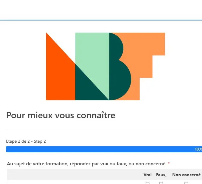 Choix vrai faux non concerné et curseurs de niveau de la seconde étape du questionnaire