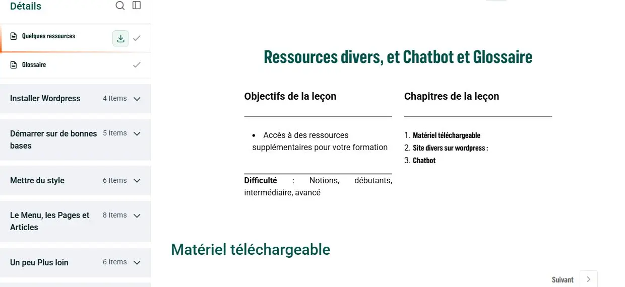 Leçon NBForm avec les modules à gauche et le contenu pédagogique au centre