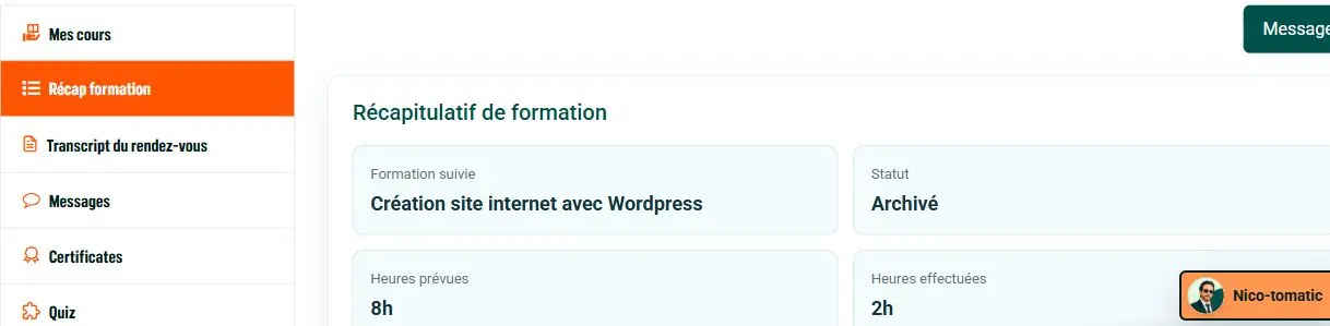 Rubrique Récap formation et cartes de suivi du compte de démonstration WordPress