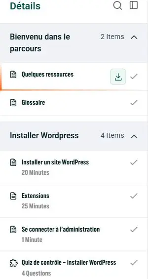 Sommaire WordPress avec un module déplié contenant des leçons et un quiz