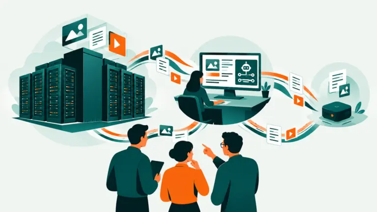 Illustration conceptuelle d’une équipe technique reliant un centre de données, un poste de travail local et un appareil compact pour évoquer plusieurs formats de modèles d’IA.