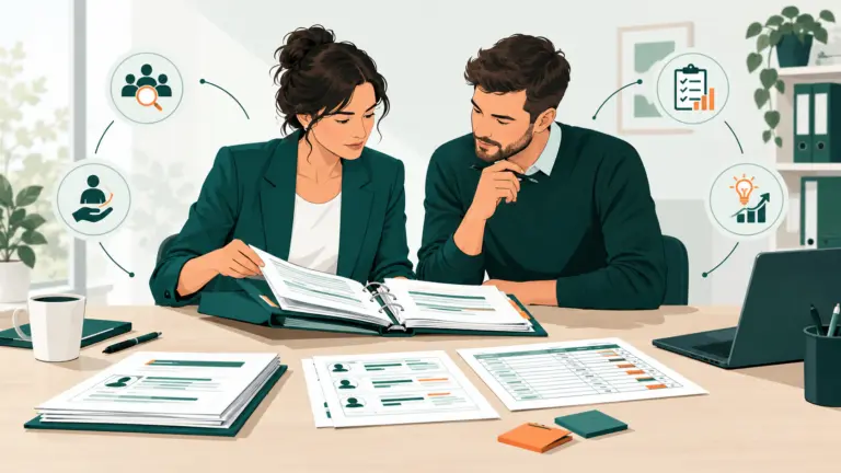 Une responsable d’organisme de formation et un collègue examinent des documents de parcours et un tableau de suivi qualité.