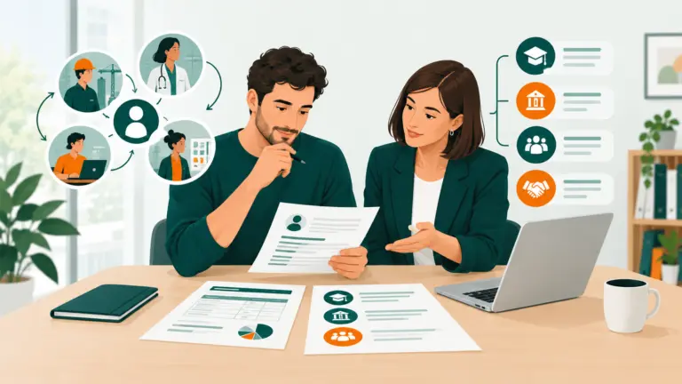 Une personne compare un projet de formation à des options de financement avec l’aide d’un conseiller.