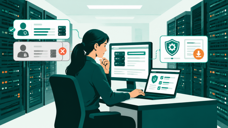 Une administratrice vérifie la version d’un serveur de messagerie et ses accès avant une mise à jour.