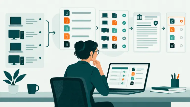 Une administratrice compare l’inventaire de logiciels bureautiques de plusieurs postes avec un avis de sécurité.