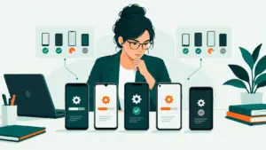 Une responsable informatique compare les écrans de mise à jour de plusieurs téléphones pour vérifier l’application d’un correctif Android.