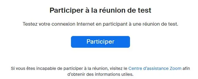 Page officielle Zoom Participer à la réunion de test et bouton Participer